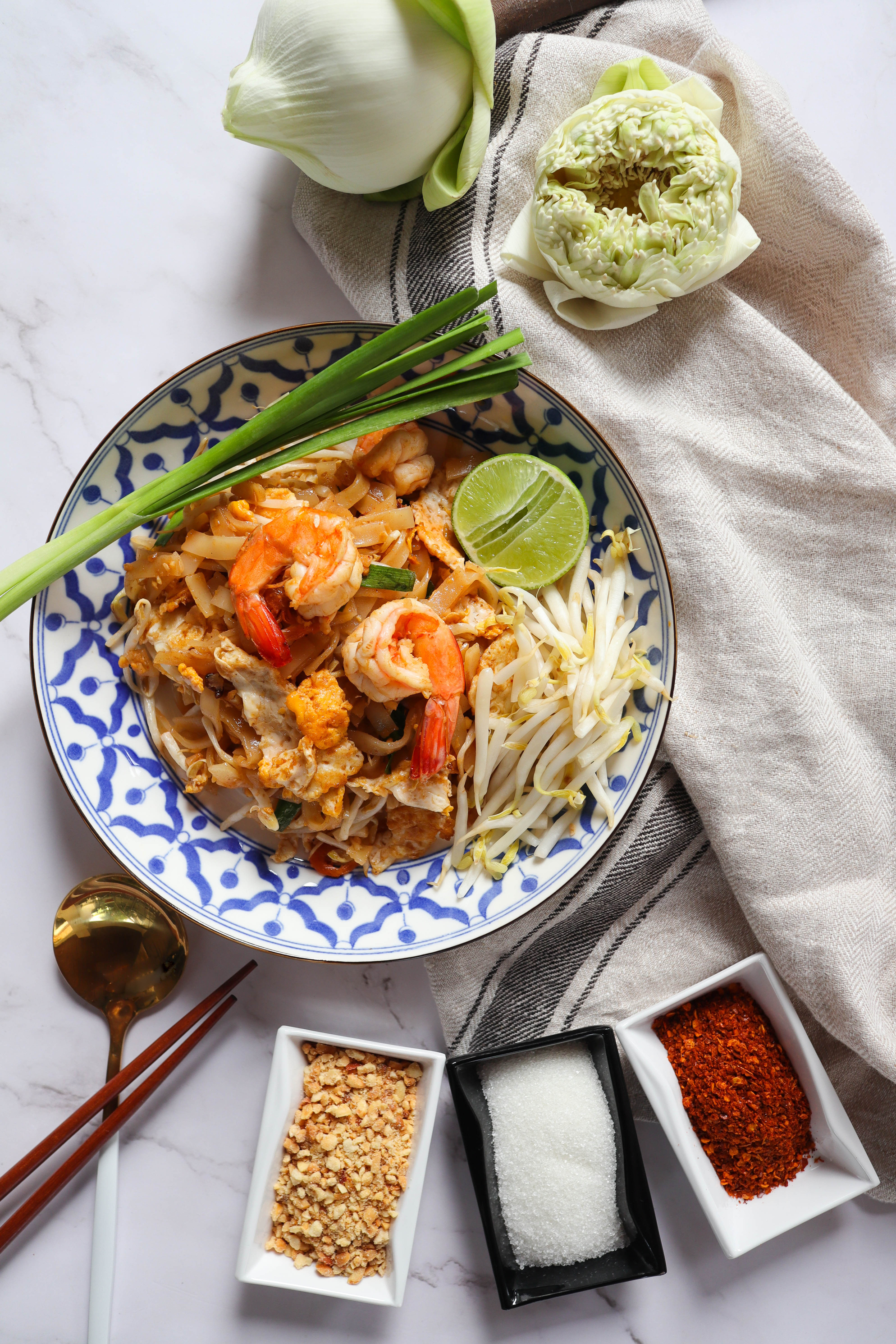 Pad Thai - Famous Thai Stir fry noodles with shrimp - flat lay food